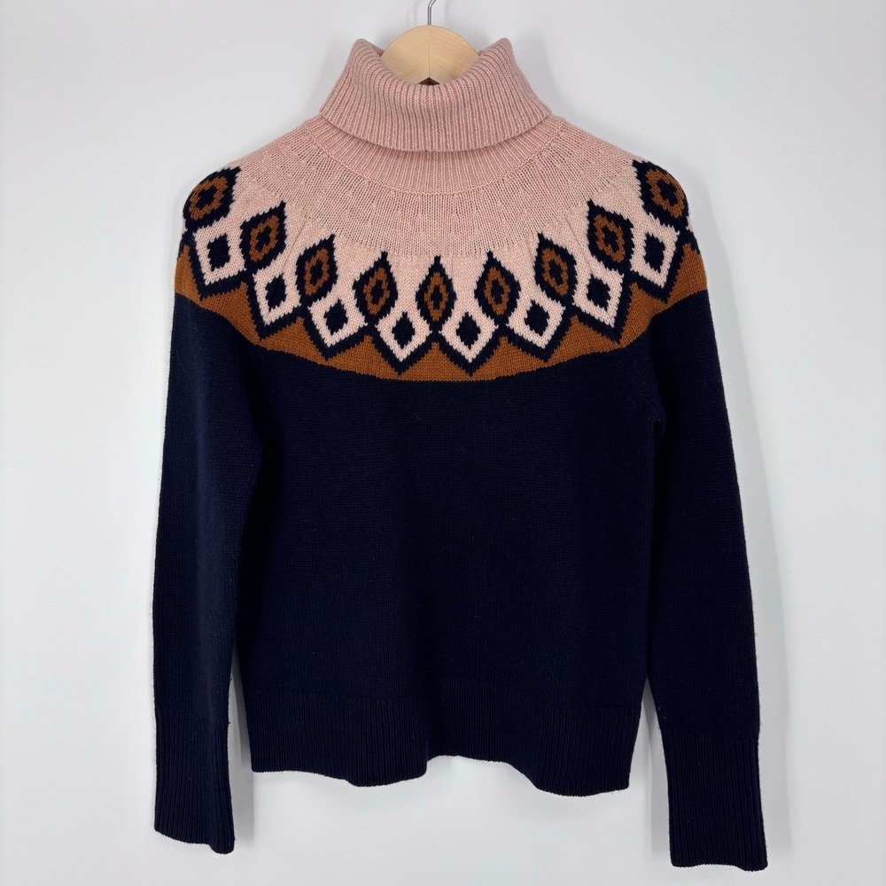 J.Crew Merino Wool Fair Isle Turtleneck Sweater Women S Navy Pink Nordic Cozy
